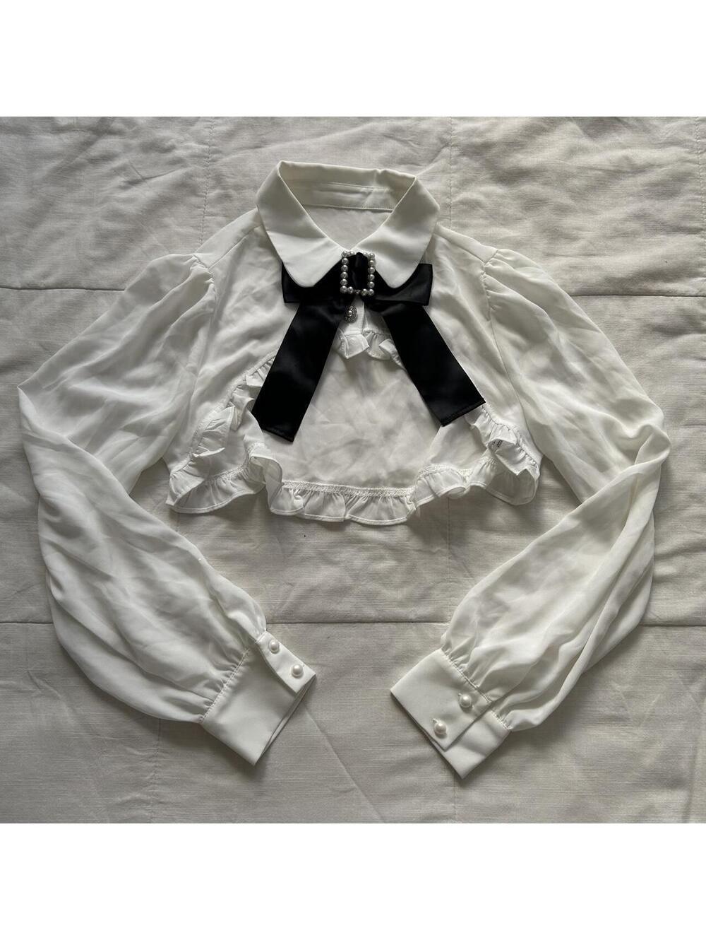 Ank Rouge White Chiffon Cropped Jirai Kei Bolero Shrug Pearl Bow Lolita Top